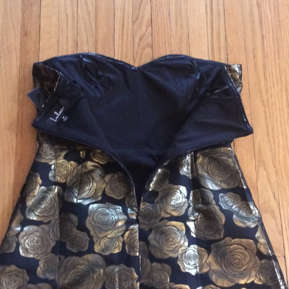 Lulus Black and Gold Jacquard Strapless Dress - Picture 6 of 8